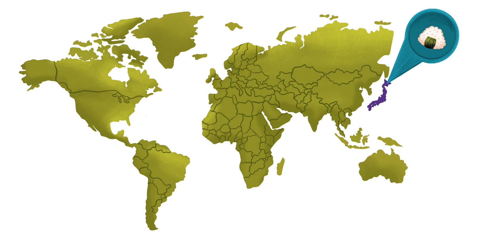 World map with Japan marked, showing an onigiri rice ball in a bowl
